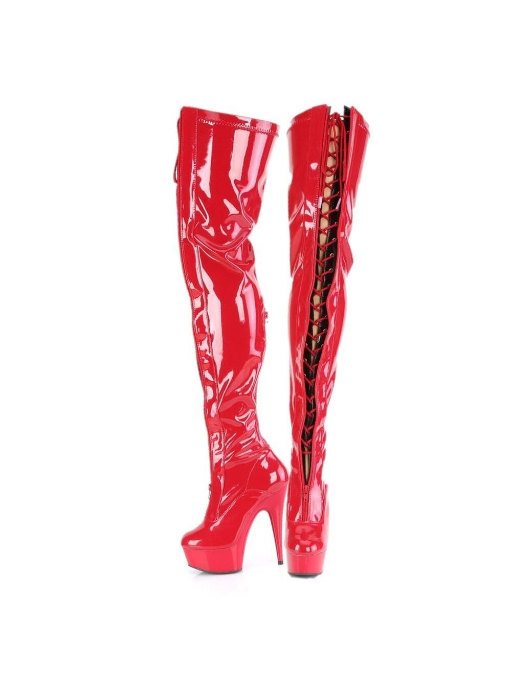 Jerry Red Patent Platform Thigh High Heel Front Zipper / Lace up Thigh Boots